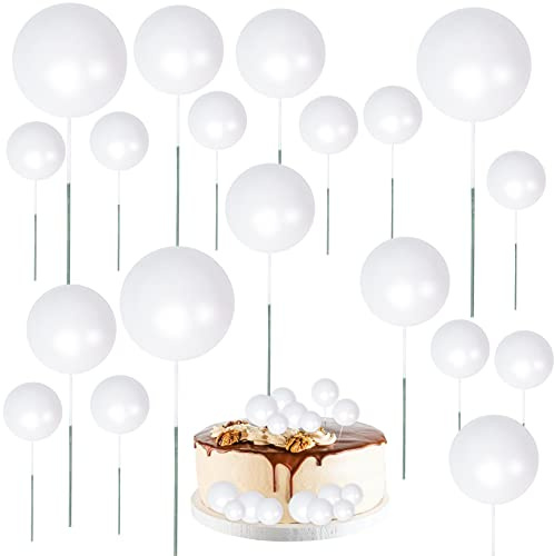 Qaziuy 30Pcs Mini Balloon Cake Topper, Round Foam Cupcake Topper Ball Cake Decoration,DIY Cake Insert Topper for Birthday Anniversary Graduation Party Decor White