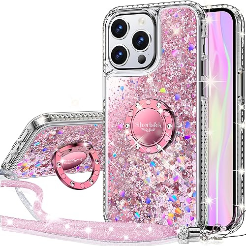 Silverback Cover per iPhone 15 Pro Max, Silicone con Paillette Glitterate di Lusso e Supporto, Gel Liquido Protettiva - Rosa