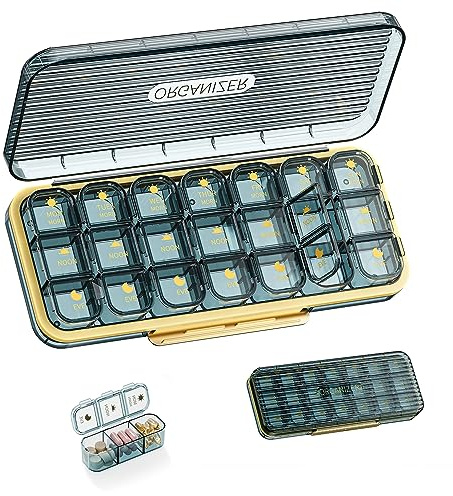ROWNYEON Tablettenbox 7 Tage Morgens Mittags Abends,Tragbare Pillendose 7 Tage Medikamentenbox 7 Tage 3 fächer große Pillenbox für Medikamente, Vitamine, Fischöl, Nahrungsergänzungsmittel (Blau)