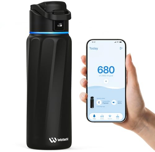 WaterH Boost Smart Water Bottle that Reminds You to Drink, BPA-Free Stainless Steel Vacuum Insulated Bottle, Wide Mouth Water Tracker Bottle with APP, Ideal for Mother's Day, Black, 946 ml