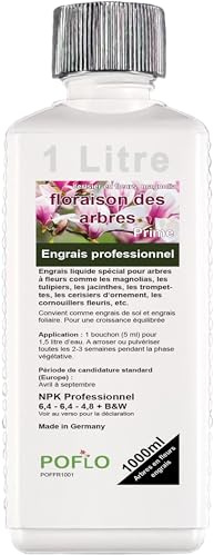 POFLO Arbres à fleurs Engrais complet HIGH-TECH NPK pour plantes, engrais | pour magnolias, tulipiers, jacinthes, trompettes, cerisiers d'ornement, cornouillers fleuris, etc. (1000 ml)