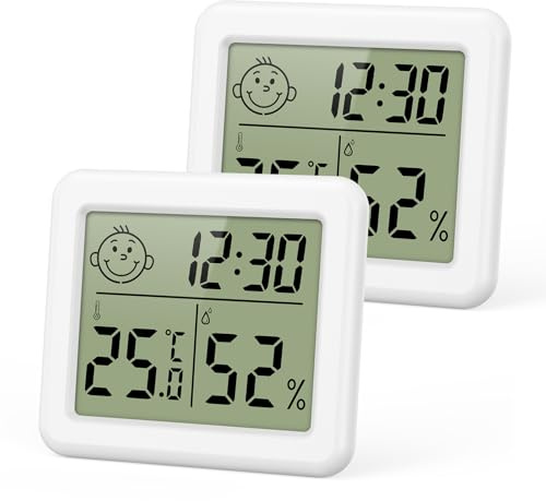 ORIA Termometro Igrometro Interno Mini con Ora/Data | 2PCS,Commutabile ℃/℉, Calibrazione, Alimentato a Batteria, per Camera da Letto e Casa