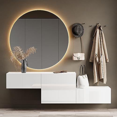 Planetmöbel Flurgarderobe 2X 140 cm | Spiegel rund mit Beleuchtung 100 cm, Weiß, Flur Möbel mit Spiegel, 2x 37,8T x 140B x 32,5H cm