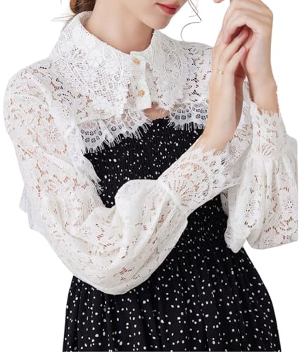 Rayson Chemise Faux Col Femme avec Longues Manches Chic et Elegant Boutonné Plastron Col Amovible Chemise Fourré pour Femme(Dentelle Blanche A, Taille Unique)