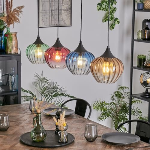 HOFSTEIN Hängeleuchte Cem, 4-flammige Hängelampe aus Metall/Riffelglas in Schwarz/Grün/Rot/Blau/Gelb/Klar, Pendelleuchte im Retro/Vintage-Design (Schirme Ø 18 cm), E27, Esszimmer, Küche, Wohnzimmer