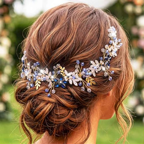 IYOU Braut Hochzeit Haarranke Gold Blatt Kopfschmuck Blume Gast Braut Haarschmuck für Damen | Blau-goldener Brautjungfern-Kopfschmuck, Blumen-Gäste-Stirnband für Hochzeiten