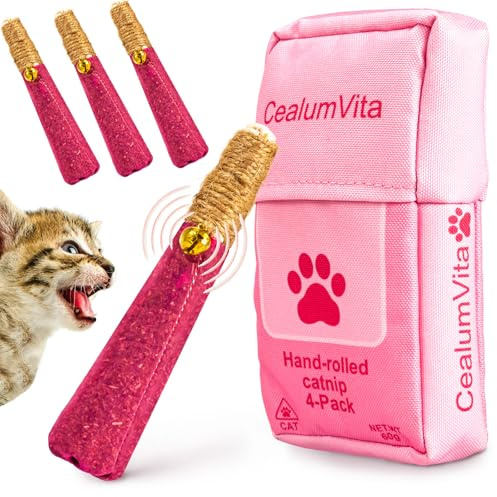 CealumVita 4-pack handvalsade kattmynta pinnar med tuggrep och klocka -formade kattleksaker för inomhuskatter och kickerleksaker, tandsprickning tugga och lek kul (rosa)