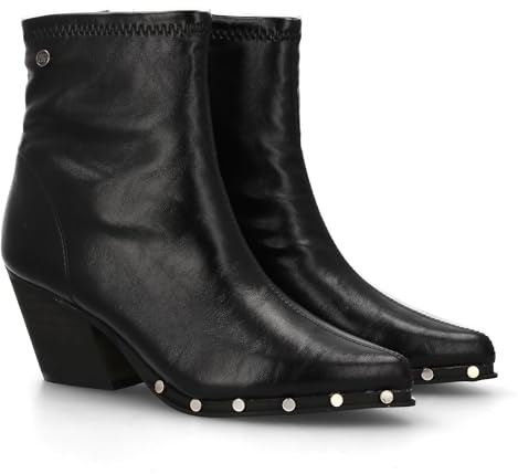94717 Botin de Mujer con Tacon Cubano, Detalles de Tachuelas, Estilo Moderno Acabado en Pico, Estampado Liso, Cierre Lateral de Cremallera, Ideal Otono Invierno. Negro Talla 38
