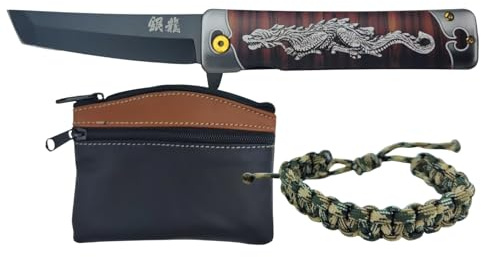 TORO SURVIVAL Set Regalo Navaja Plegable Tanto 3Cr13MoV 9,1 cm Dragón 3D con Flipper y Liner Lock + Pulsera Paracord Ajustable + Monedero de Piel 10,5×8 cm en Caja (Dragón)