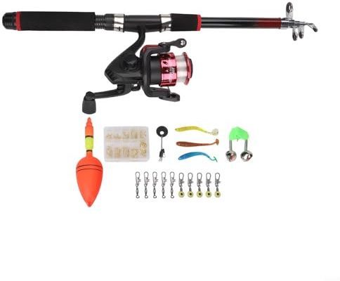 Oniissy Set per pesca all'aperto con canna telescopica, mulinello pre-bobina e scatola per attrezzatura per principianti, kit da pesca leggero e portatile con accessori essenziali (set di canna rossa)