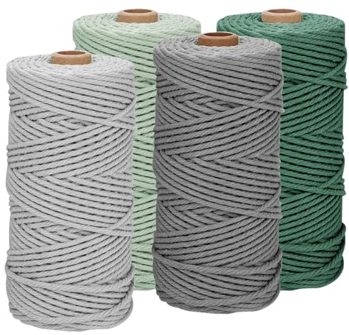 Kinfezlon 4 PCS Makramee Garn, 3mm x 100m Macrame Cord Makramee Schnur Makramee Kordel, für Bastelarbeiten, Pflanzenampeln, Wandbehänge, Stricken und Häkeln(Hellgrün, Dunkelgrün, Hellgrau, Dunkelgrau)