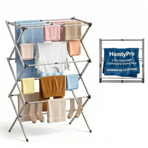 HomlyPro 3-Tier Extendable Clothes Airer Drying Rack (106×73×38cm), 8kg Capacity Foldable Washing Line with Rust-Resistant Frame, Non-Slip Feet, Space Saving Clothes Drying Rack for Indoor & Outdoor