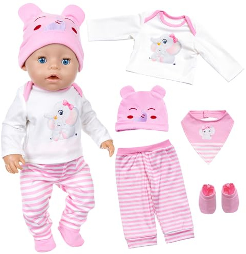 Set di 5 vestiti per bambole da 36-43 cm, accessori per bambole Reborn da 36-43 cm, accessori per bambole con simpatico elefante rosa, pantaloni, cappello con bavaglino e calze, regalo per bambini