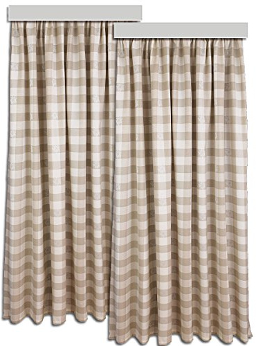 Dekoschal Karo mit Edelweiß Beige 2er-Pack/Set Landhaus-Stil | Vorhang mit Reihband | Webstoff hochwertig beige-weiß kariert | Übergardine für Küche, Esszimmer, Gästezimmer Höhe x Breite 125 x 130 cm