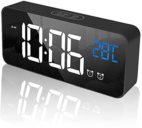 tronisky Sveglia digitale, a LED, con specchio, ricaricabile, con 2 allarmi, funzione di controllo vocale, 4 luminosità, colore nero