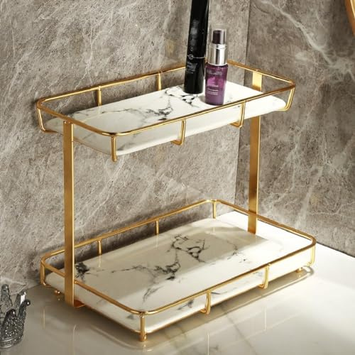 NC Estante Organizador de Maquillaje, Estante de Acero Inoxidable con Bandeja de cerámica, mármol Blanco, para tocador, encimera, baño y más, Dorado (21324) (142825.5)