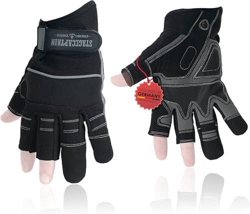 Stagecaptain RGL-2F Rigger Handschuhe - Arbeitshandschuhe für Herren - Größe XL - 3 kurze Finger und Innenfläche aus Kunstleder - Aufgesetzte Verstärkungen - Schwarz/Grau