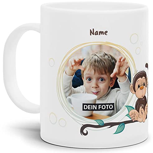 Kinder-Tasse mit Tiermotiv Affe - mit Foto & Name selbst gestalten - Für Mädchen & Jungen - BPA-freie Kunststoff-Tasse, 300 ml I Personalisiertes Geschenk für Kinder