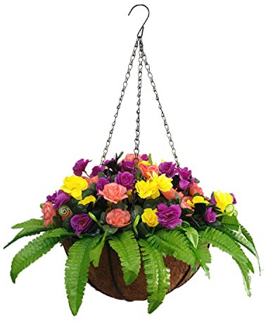 Haus und Außenhof Seide Künstlicher Grüner Farn Persisches Gras Und Gemischte Künstliche Lila Gelb Champagner Azaleen Blume DIY Kette Hängende Korbdekoration (Big Basket)