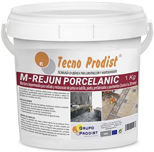 M-REJUN PORCELANIC de Tecno Prodist - (1 Kg, Gris) - Mortero para Lechada impermeable azulejos y suelos. Pavimentos cerámicos, ladrillos, piedra, etc. (Junta ancha de 4 a 20mm)