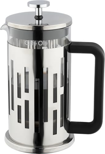 Café Olé Graphico Cafetière, French Press coffee maker, stainless steel mesh filter, robust glass body with geometric design, 600ml (5 cup, 2 mugs), Silver