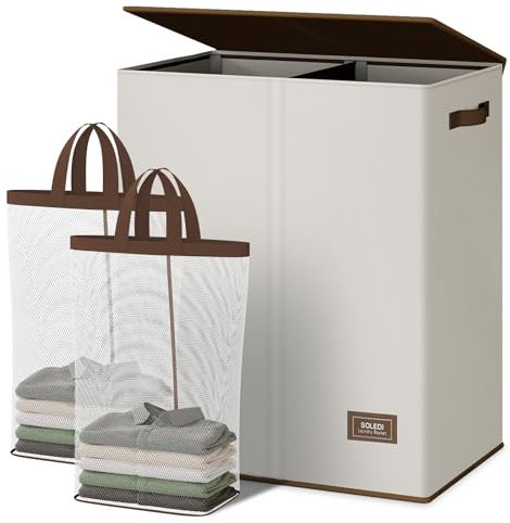 SOLEDI 145L Wäschekorb, Wäschesammler 2 fächer mit Deckel und 2 Wäschesack - Wäschesortierer Groß XXXL Für Badezimmer, Schlafzimmer, Wäschekammer, Kinderzimmer - 2 x 72.5L Beige+Braun