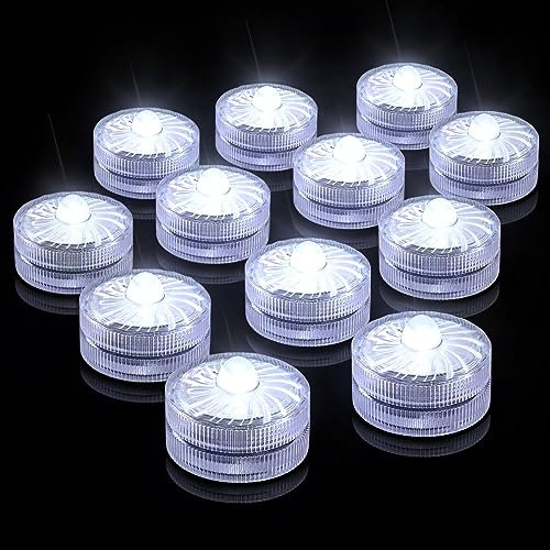 Bougies chauffe-plat à LED sans flamme, mini lumière sous-marine, 100 heures d'éclairage de bassin à LED pour bassin, piscine, aquarium, vase, baignoire, spa, fête, festival (12 pièces, blanc)