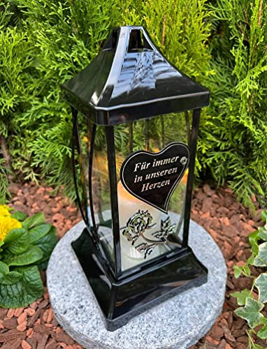 Lampada funeraria con rosa e scritta – per sempre nei nostri cuori – 28 cm H – Lanterna candela funeraria senza base e decorazione!