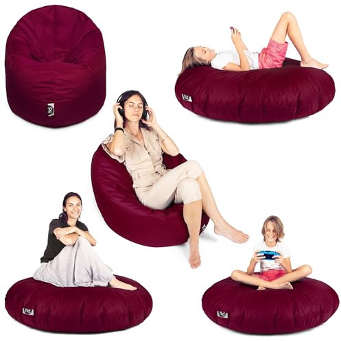 PATCH HOME Sitzsack 2 in 1 Sitzkissen Bodenkissen für Erwachsene & Kinder - Gaming mit Füllung Kissen Sessel BeanBag (Weinrot, Ø 155cm)