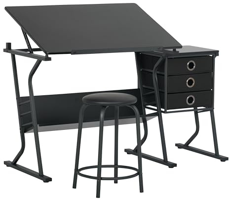 2 Piece Eclipse Ultra Center/Drawing Table with Stool, Angle Adjustable Top, Storage Shelves, and Drawers