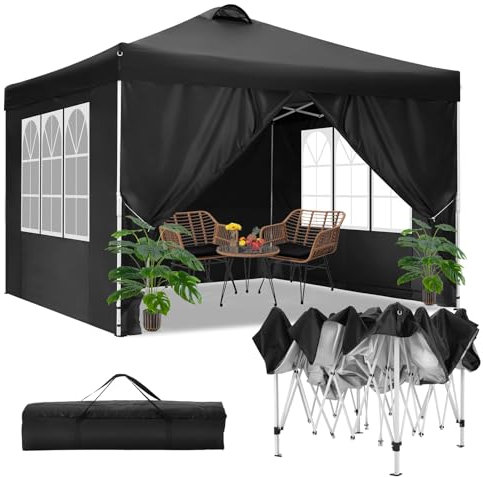 COBIZI Pavillon 3x3m Wasserdicht Stabil Winterfest Faltpavillon Partyzelt Gartenpavillon mit Entlüftung, 4 Seitenteilen, 4 Sandsack, Höhenverstellbar, Pop up Faltbar Gartenzelt, Schwarz