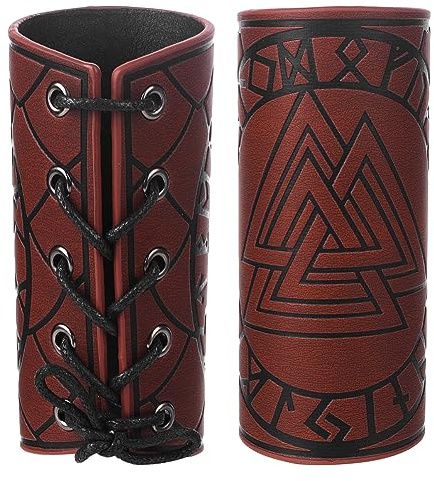 GORGECRAFT 2 st armarmskydd manschett läder handskar armband viking runor Odins symbol valknut mönster präglad unisex läder armskydd för utomhus rollspel gotiska riddarkostymer, kokosbrun