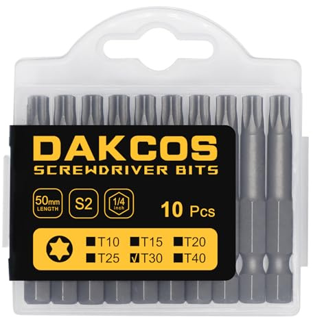 DAKCOS T30 Bit long, embouts T30 en acier S2 pour tournevis et visseuse | acier S2, tige hexagonale 1/4 (longueur : 50 mm, 10 pièces)