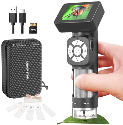 Andonstar AD112 Tragbares Taschenmikroskop-Set für Kinder und Erwachsene mit 2-Zoll-LCD-Bildschirm, Mini-Hand-Digitalmikroskop 500-fach mit 8 einstellbaren LED-Leuchten, Windows-PC-kompatibel
