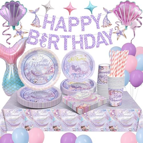 yosiio Meerjungfrau Partygeschirr Set, Geburtstag Party Geschirr, Pappteller Kindergeburtstag Deko mit Luftballons Servietten Tischdecke Party Geschirr für Meerjungfrau Deko Kindergeburtstag 16 Gäste