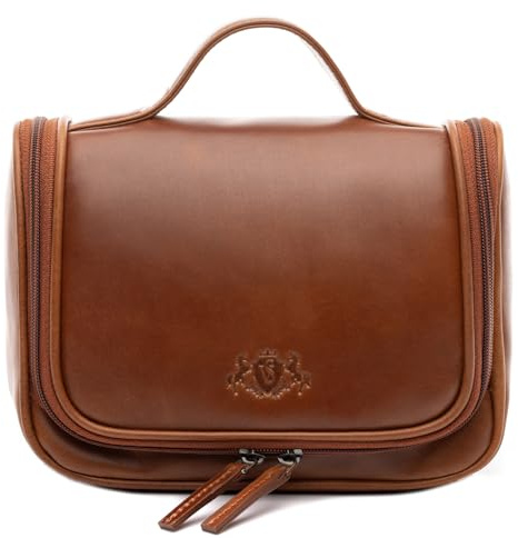SID & VAIN kleine Hänge-Kulturtasche echt Leder - Kulturbeutel Dexter - Waschbeutel zum Aufhängen - Leder-Waschtasche Herren und Damen braun handgefertigt