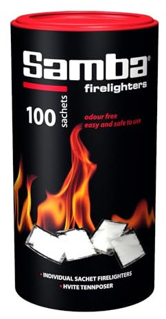 100 Samba Firestarters Firelighters Sachets - Odourless Burning & Easy to Light - For BBQs Barbecues Wood Burner Wood-Fired Ovens Stoves Fireplaces & Campfires - 1 Tube