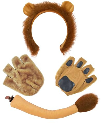 XNIVUIS 3 Pieces Lion Costume,Lion Ears Headband Tail Paw Gloves,Lion Fancy Dress Accessories,Lion Costume for Adults Kids Animal Cosplay Accessories Halloween Birthday Stage Performance (3 PCS)