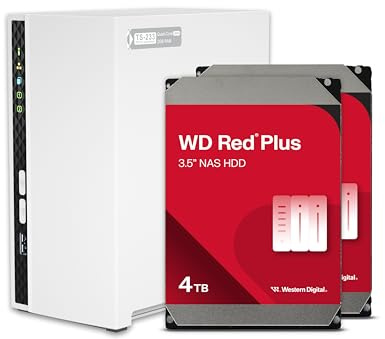 QNAP TS-233-24WD-US NAS doméstico de 2 bahías con Capacidad de Almacenamiento de 4 TB, Paquete Raid 1 WD Red Plus HDD preconfigurado, con Puertos de 1 GbE
