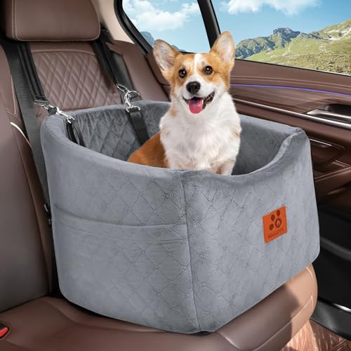 HEGGOOE Hunde Autositz für Kleine/Mittlere Hunde, Memory-Schaum Erhöhter Hundesitz Auto, Abnehmbar & Waschbarer Hundebett Auto mit Aufbewahrungstaschen und Sicherheitsleinen