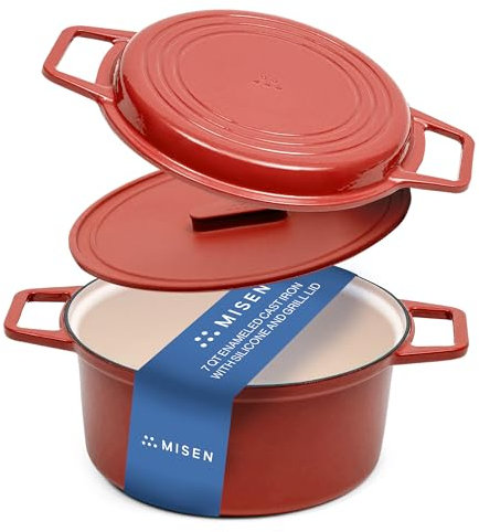 Misen 7 QT Enameled Cast Iron Dutch Oven - Chip-Resistant Enamel Coating - Thick Iron Core For Heat Retention - Large Cooking Surface - Oven Safe, Induction Compatible - Grill and Silicone Lid, Red