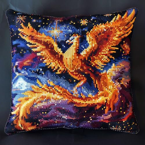 RKFLGEW Knüpfkissen-Set Mit Flammenlandschaft，Gestempeltes Kissen，Knüpfkissen-Set Mit Fantasietieren，3D-Kissen，Materialpaket，Knüpfstickerei-Set，Diy-Teppichkissen，Häkelkissenbezug Für Zuhaus 43x43cm