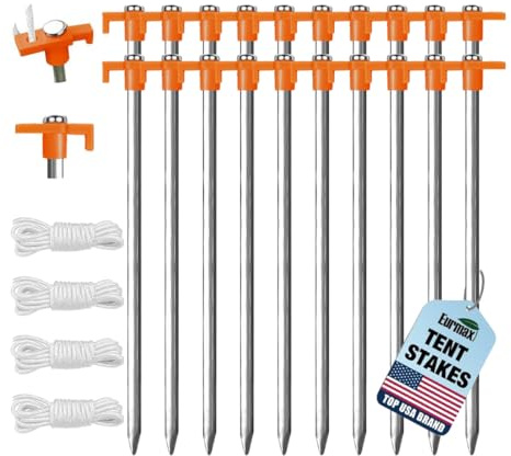 Eurmax USA 20-Pack Secure Protection Galvanized Tent Stakes,Rust-Proof Steel Canopy Anchors for High Winds,Heavy Duty Commercial Ground Pegs for Camping,Pop Up Tents&Gazebos - Includes 4x10ft Ropes
