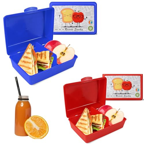 Mypicompany. 2 boîtes à déjeuner rectangulaires pour enfants, 2 boîtes à lunch pour enfants avec dessins amusants, sans BPA, 2 boîtes à lunch pour enfants de couleur rouge et bleue.