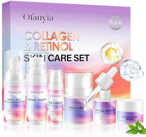 Collagène Rétinol Coffret de soins de la Peau 6 en 1 Avec Nettoyant Pour le Visage, Tonique, Sérum, Crème, Crème Pour les Yeux et Masque Pour les Lèvres, Coffret de Soins Anti-vieillissement Pour les