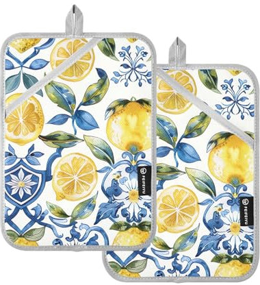 Set di 2 presine resistenti al calore da cucina in stile siciliano con limoni e fiori blu, set di presine per forno, barbecue, cucina quotidiana