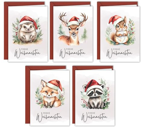 møij 10x Weihnachtskarten Waldtiere aus Leinenkarton | inkl. roter Umschläge, edler Leinenkarton, weihnachtliche DIN A6 Klappkarten, Frohe-Weihnachten-Motiv