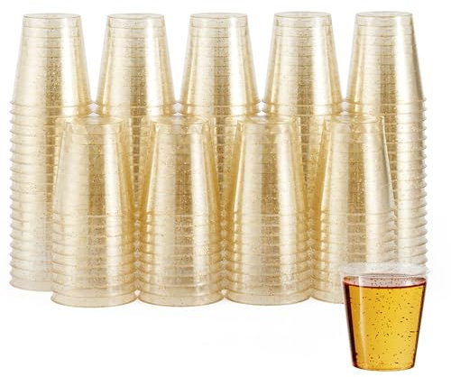 MATANA 60 Vasos de Chupito de Plástico Duro con Brillo Dorado, 30ml - Resistentes y Reutilizables - Cumpleaños, Bodas, Navidad, Barbacoas, Halloween, Fiestas