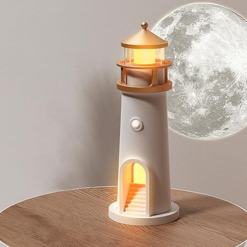 Aisny Decorazione Faro, Faro con Luce a LED Proiezione Lunare Lampada Faro con Sensore di Luce Automatico Regalo per Natale Compleanno Ringraziamento San Valentino, 24 x 7 cm