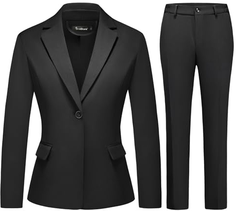 TRONSTORE Women's Business Solid Suit 2 Piece Slim Fit Classic Blazer Pants Set for Women Formal Office Black M